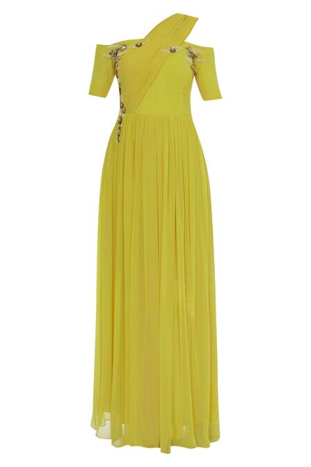 Shop_Ridhi Arora_Yellow Embellished Draped Gown_Online_at_Aza_Fashions