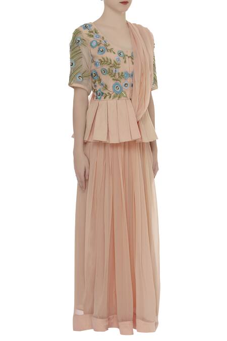 Ridhi Arora_Peach Pre Pleated Embroidered Lehenga Saree _Online_at_Aza_Fashions
