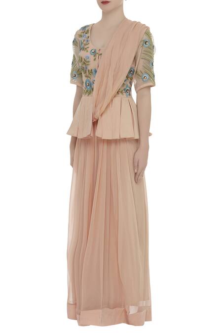 Buy_Ridhi Arora_Peach Pre Pleated Embroidered Lehenga Saree _Online_at_Aza_Fashions