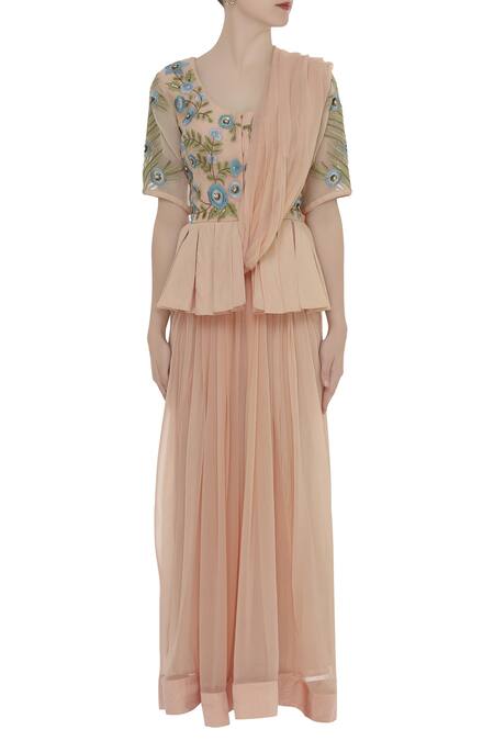 Shop_Ridhi Arora_Peach Pre Pleated Embroidered Lehenga Saree _Online_at_Aza_Fashions