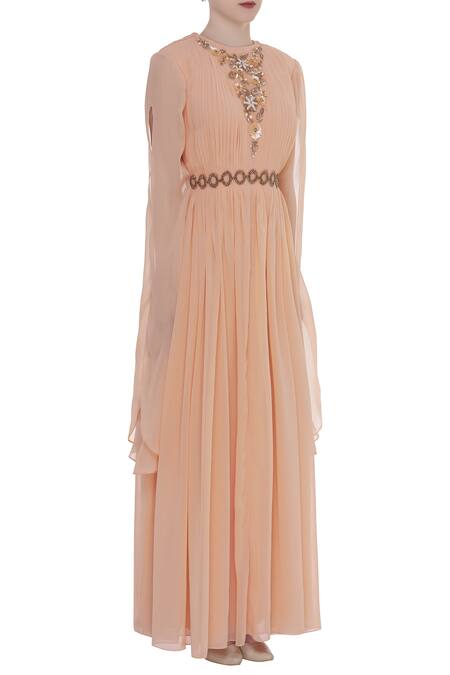 Ridhi Arora_Peach Embroidered Kimono Draped Gown _Online_at_Aza_Fashions