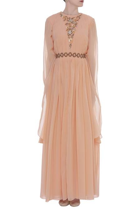 Shop_Ridhi Arora_Peach Embroidered Kimono Draped Gown _Online_at_Aza_Fashions