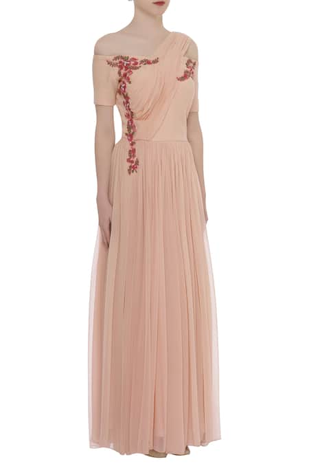 Ridhi Arora_Peach Cold Shoulder Embroidered Draped Gown _Online_at_Aza_Fashions