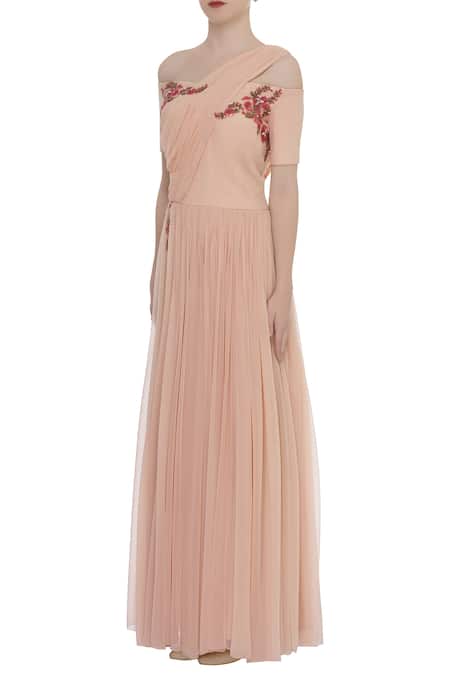 Buy_Ridhi Arora_Peach Cold Shoulder Embroidered Draped Gown _Online_at_Aza_Fashions