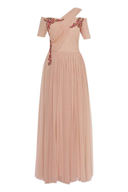 Shop_Ridhi Arora_Peach Cold Shoulder Embroidered Draped Gown _Online_at_Aza_Fashions