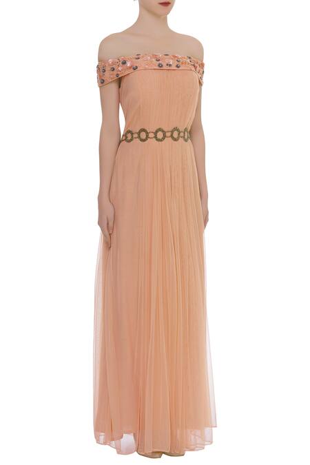 Ridhi Arora_Peach Off Shoulder Hand Embroidered Gown _Online_at_Aza_Fashions