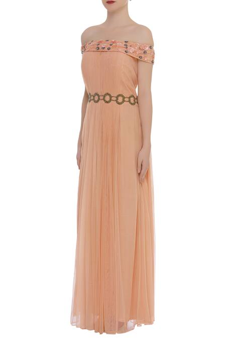 Buy_Ridhi Arora_Peach Off Shoulder Hand Embroidered Gown _Online_at_Aza_Fashions
