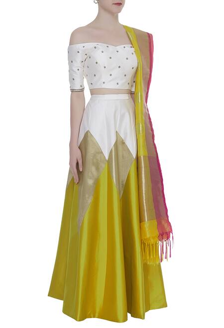Rajat K Tangri White Off Shoulder Blouse With Lehenga And Dupatta Online at Aza Fashions Rajat K Tangri_White Off Shoulder Blouse With Lehenga And Dupatta_Online_at_Aza_Fashions