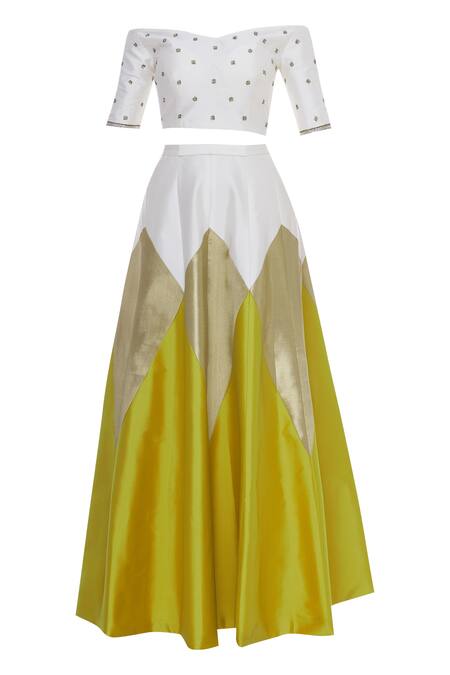 Shop Rajat K Tangri White Off Shoulder Blouse With Lehenga And Dupatta Online at Aza Fashions Shop_Rajat K Tangri_White Off Shoulder Blouse With Lehenga And Dupatta_Online_at_Aza_Fashions