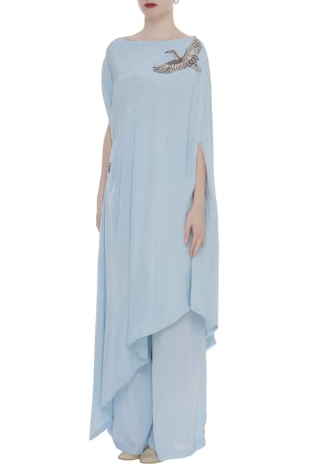 Rajat K Tangri_Blue Bird Motif Asymmetric Kurta With Palazzos _Online_at_Aza_Fashions