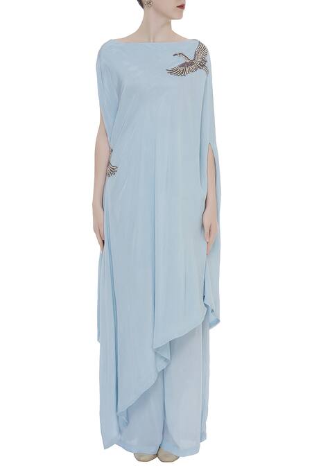 Buy_Rajat K Tangri_Blue Bird Motif Asymmetric Kurta With Palazzos _Online_at_Aza_Fashions