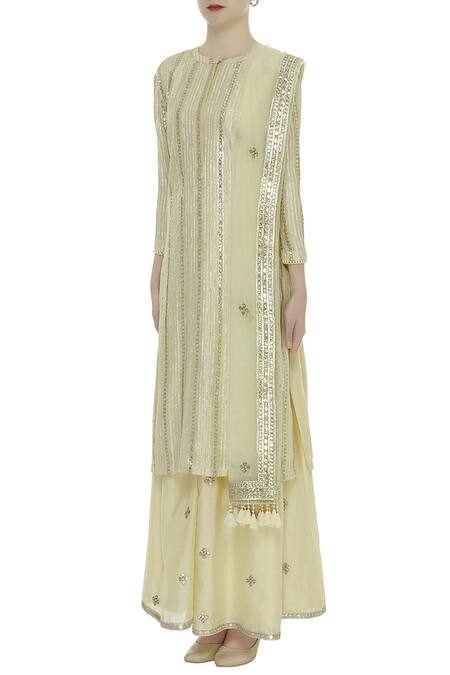 Rajat K Tangri_Yellow Round Silk Chanderi Kurta Palazzo Set _Online_at_Aza_Fashions