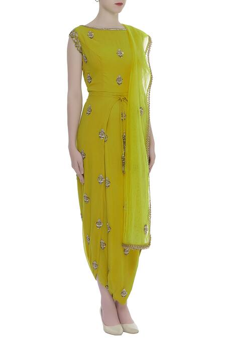 Rajat K Tangri Yellow Wrap Waist Detail Tunic With Dupatta Online at Aza Fashions Rajat K Tangri_Yellow Wrap Waist Detail Tunic With Dupatta_Online_at_Aza_Fashions