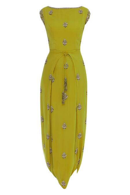 Shop Rajat K Tangri Yellow Wrap Waist Detail Tunic With Dupatta Online at Aza Fashions Shop_Rajat K Tangri_Yellow Wrap Waist Detail Tunic With Dupatta_Online_at_Aza_Fashions