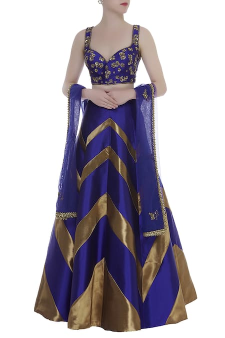 Rajat K Tangri Blue Sweetheart Neckline Blouse With Lehenga And Dupatta