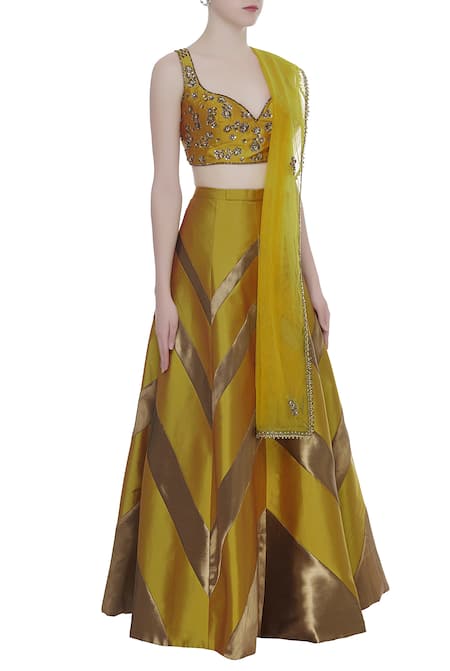 Rajat K Tangri_Yellow Silk Tafetta Embroidered Sweetheart Blouse With Lehenga And Dupatta _Online_at_Aza_Fashions