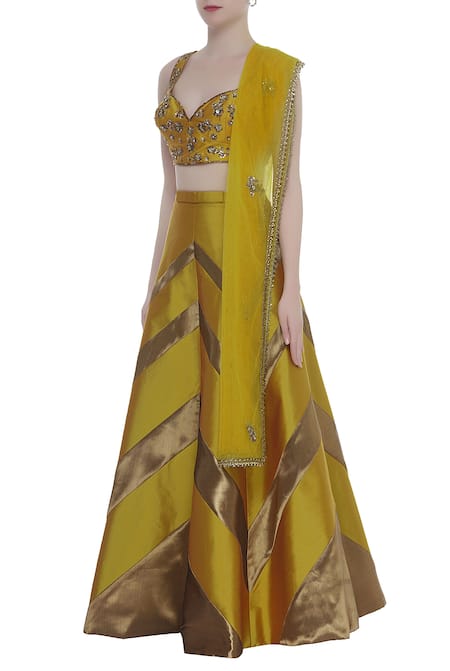 Buy_Rajat K Tangri_Yellow Silk Tafetta Embroidered Sweetheart Blouse With Lehenga And Dupatta _Online_at_Aza_Fashions