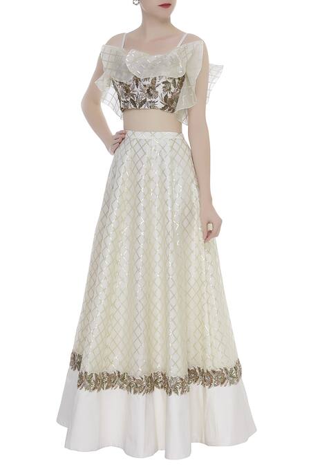 Rajat K Tangri White Ruffle Embroidered Blouse With Lehenga