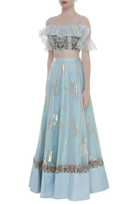 Rajat K Tangri_Blue Silk Organza Embroidered Cold Shoulder Hand Ruffle Blouse With Lehenga _Online_at_Aza_Fashions