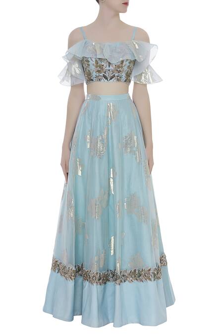 Buy_Rajat K Tangri_Blue Silk Organza Embroidered Cold Shoulder Hand Ruffle Blouse With Lehenga _Online_at_Aza_Fashions