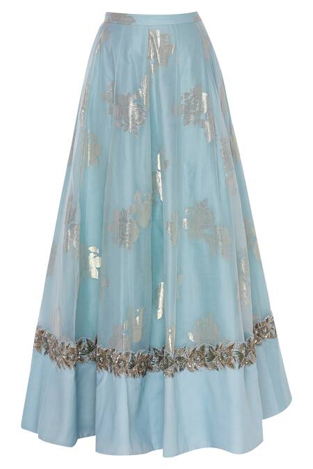 Shop_Rajat K Tangri_Blue Silk Organza Embroidered Cold Shoulder Hand Ruffle Blouse With Lehenga _Online_at_Aza_Fashions