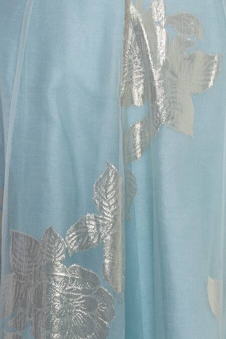 Rajat K Tangri_Blue Silk Organza Embroidered Cold Shoulder Hand Ruffle Blouse With Lehenga _at_Aza_Fashions