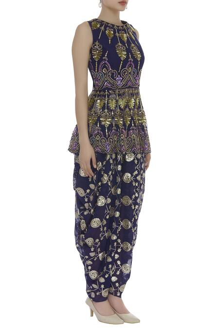 Ayesha Aejaz_Blue Net, Georgette Sequin Round Embroidered Peplum Tunic With Dhoti Pants _Online_at_Aza_Fashions