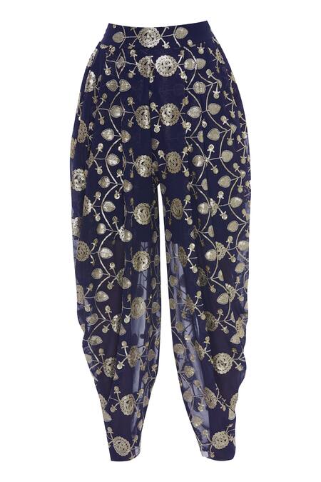 Shop_Ayesha Aejaz_Blue Net, Georgette Sequin Round Embroidered Peplum Tunic With Dhoti Pants _Online_at_Aza_Fashions