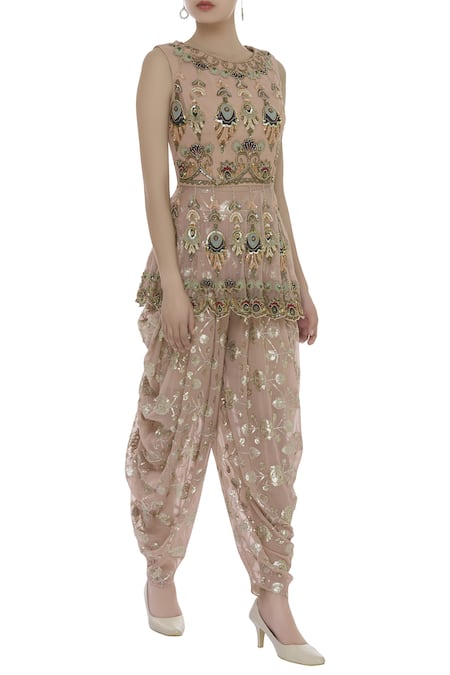 Ayesha Aejaz Pink Georgette Embroidery Patchwork Peplum Tunic With Dhoti Pants  