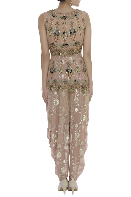 Ayesha Aejaz Patchwork Embroidered Peplum Tunic With Dhoti Pants   