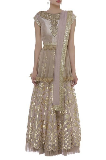 Ayesha Aejaz_Beige Organza, Net Gota Patti Round Embroidered Lehenga Set _Online_at_Aza_Fashions