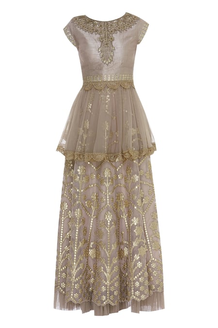 Buy_Ayesha Aejaz_Beige Organza, Net Gota Patti Round Embroidered Lehenga Set _Online_at_Aza_Fashions