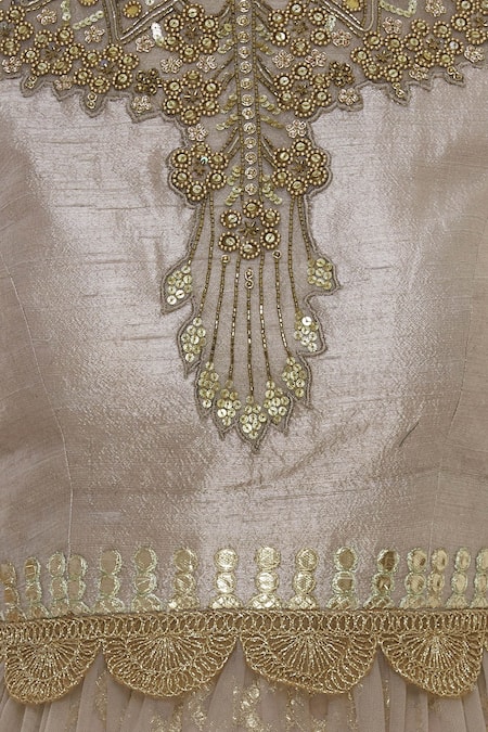 Ayesha Aejaz_Beige Organza, Net Gota Patti Round Embroidered Lehenga Set _at_Aza_Fashions