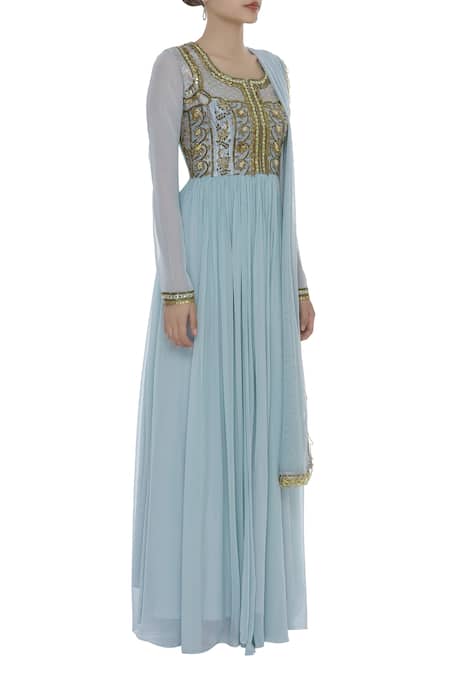 Ayesha Aejaz_Blue Georgette Zardozi Round Metallic Leaf Embroidered Anarkali Kurta Set _Online_at_Aza_Fashions