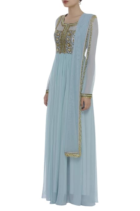 Buy_Ayesha Aejaz_Blue Georgette Zardozi Round Metallic Leaf Embroidered Anarkali Kurta Set _Online_at_Aza_Fashions