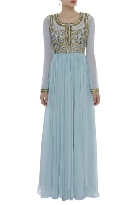 Shop_Ayesha Aejaz_Blue Georgette Zardozi Round Metallic Leaf Embroidered Anarkali Kurta Set _Online_at_Aza_Fashions