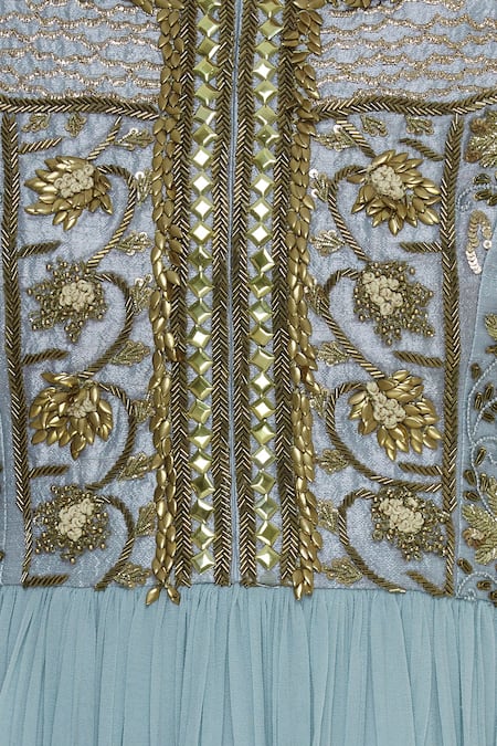 Ayesha Aejaz_Blue Georgette Zardozi Round Metallic Leaf Embroidered Anarkali Kurta Set _at_Aza_Fashions