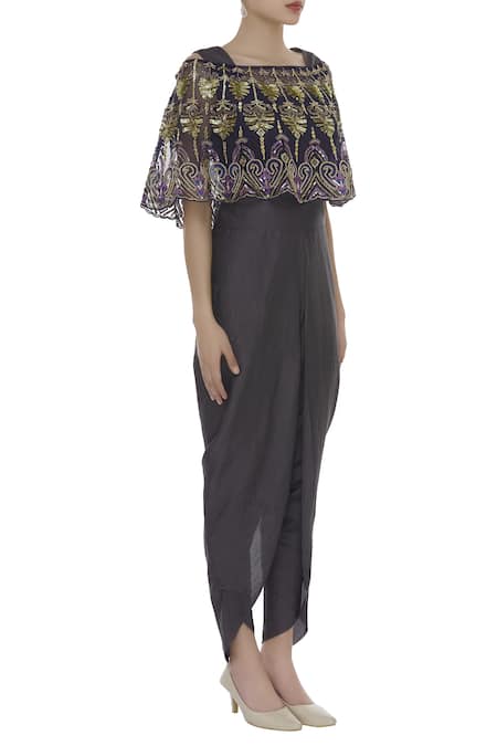 Ayesha Aejaz_Grey Jumpsuit Round Cape Bardot Silk With Embroidered _Online_at_Aza_Fashions