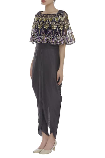 Buy_Ayesha Aejaz_Grey Jumpsuit Round Cape Bardot Silk With Embroidered _Online_at_Aza_Fashions