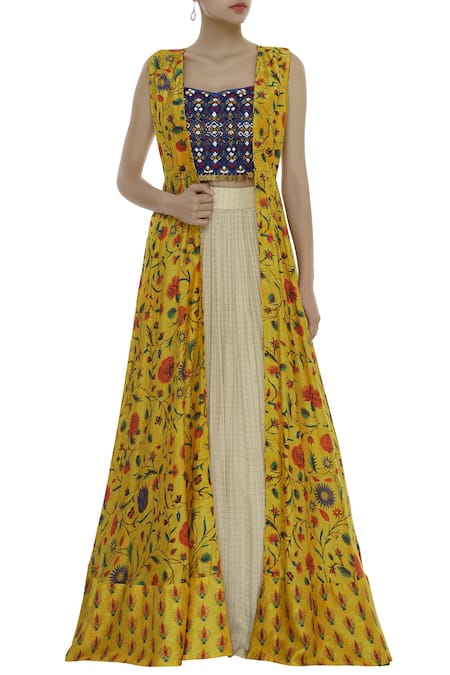 Label Anushree Blue Silk Embroidery Beads Square Hand Top With Skirt And Printed Cape 