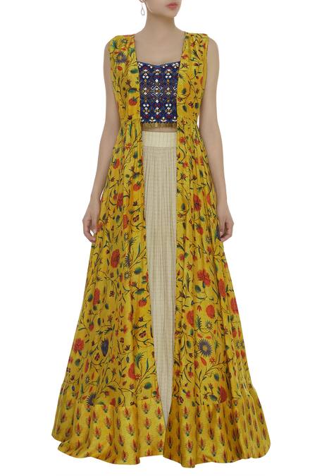 Label Anushree_Blue Silk Embroidery Beads Square Hand Top With Skirt And Printed Cape  _Online_at_Aza_Fashions