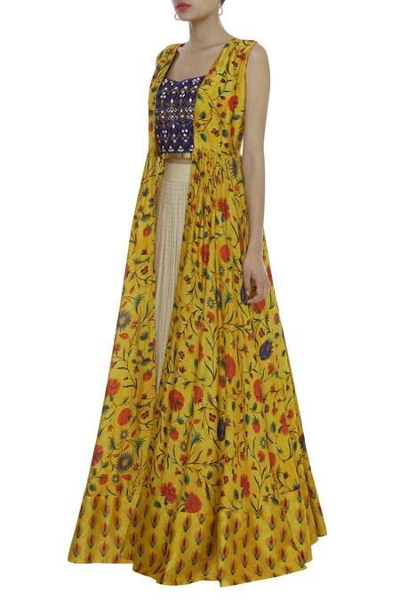 Buy_Label Anushree_Blue Silk Embroidery Beads Square Hand Top With Skirt And Printed Cape  _Online_at_Aza_Fashions