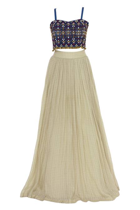 Shop_Label Anushree_Blue Silk Embroidery Beads Square Hand Top With Skirt And Printed Cape  _Online_at_Aza_Fashions