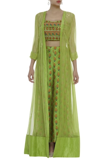 Label Anushree_Green Silk Embroidery Beads Square Neck Jacket Pant Set  _Online_at_Aza_Fashions