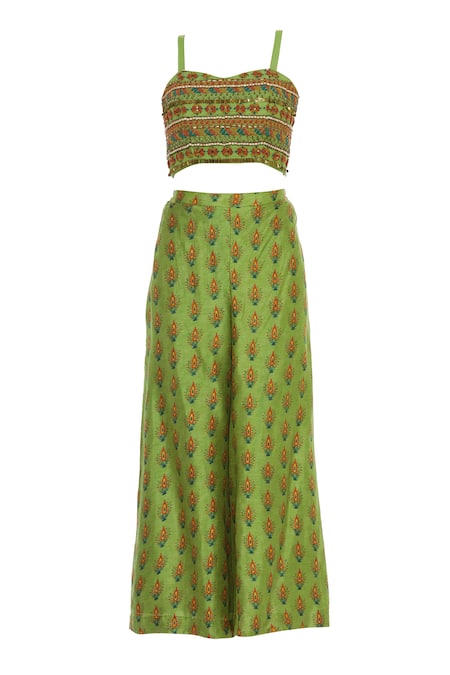 Shop_Label Anushree_Green Silk Embroidery Beads Square Neck Jacket Pant Set  _Online_at_Aza_Fashions