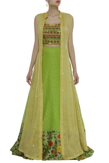 Label Anushree_Green Silk Embroidery Jacket And Lehenga Set  _Online_at_Aza_Fashions