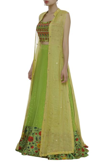 Buy_Label Anushree_Green Silk Embroidery Jacket And Lehenga Set  _Online_at_Aza_Fashions