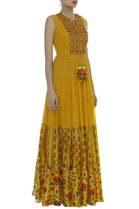 Label Anushree_Yellow Hand Embroidered Tiered Maxi Dress _Online_at_Aza_Fashions