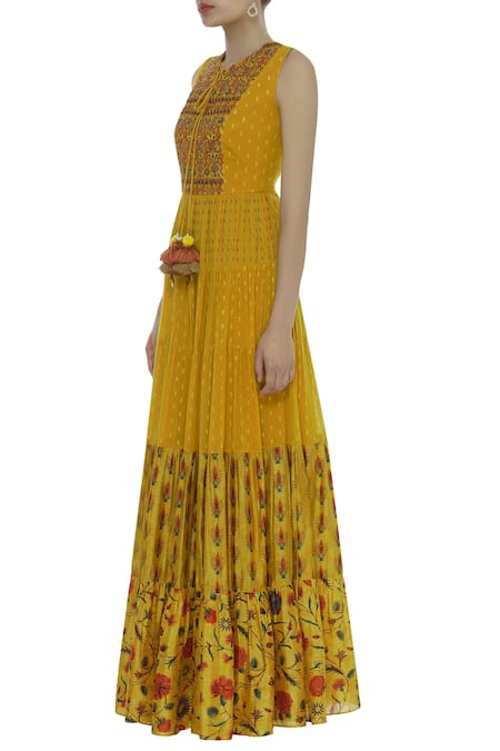Buy_Label Anushree_Yellow Hand Embroidered Tiered Maxi Dress _Online_at_Aza_Fashions