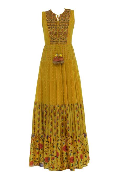 Shop_Label Anushree_Yellow Hand Embroidered Tiered Maxi Dress _Online_at_Aza_Fashions
